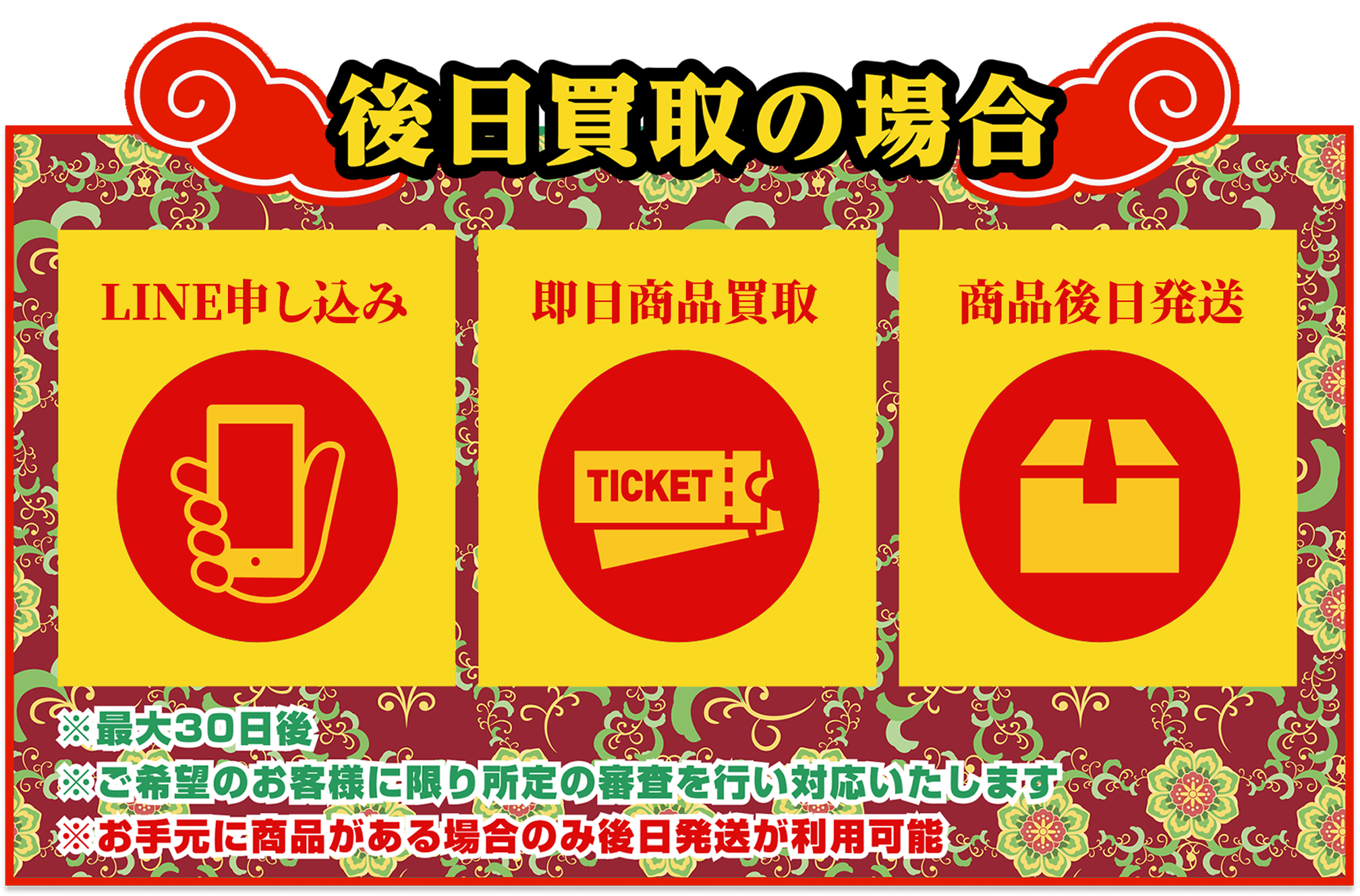 [後日郵送の場合]①LINE申し込み②即日商品買取③商品後日発送｜※最大30日後 ※ご希望のお客様に限り所定の審査を行い対応します。